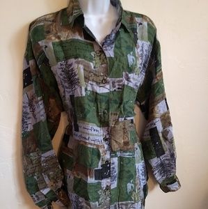 Punch 100% Silk Button Down Blouse Forest Pattern